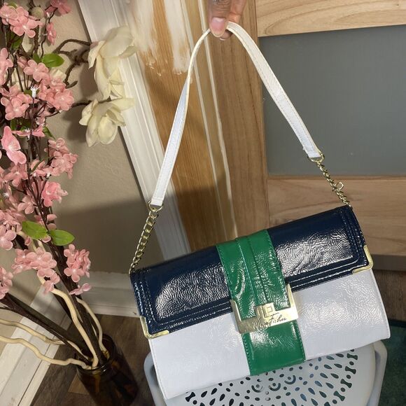 Designer Marc Fisher Handbag Croco Clutch Handbag Purse Green Blue White - Picture 2 of 9